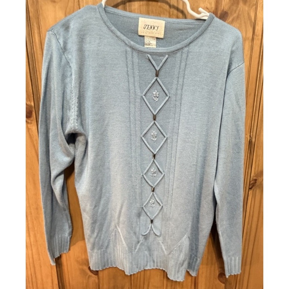 Vintage Jenny Blue Embroidered Beaded Diamond Knit Sweater Women's Medium